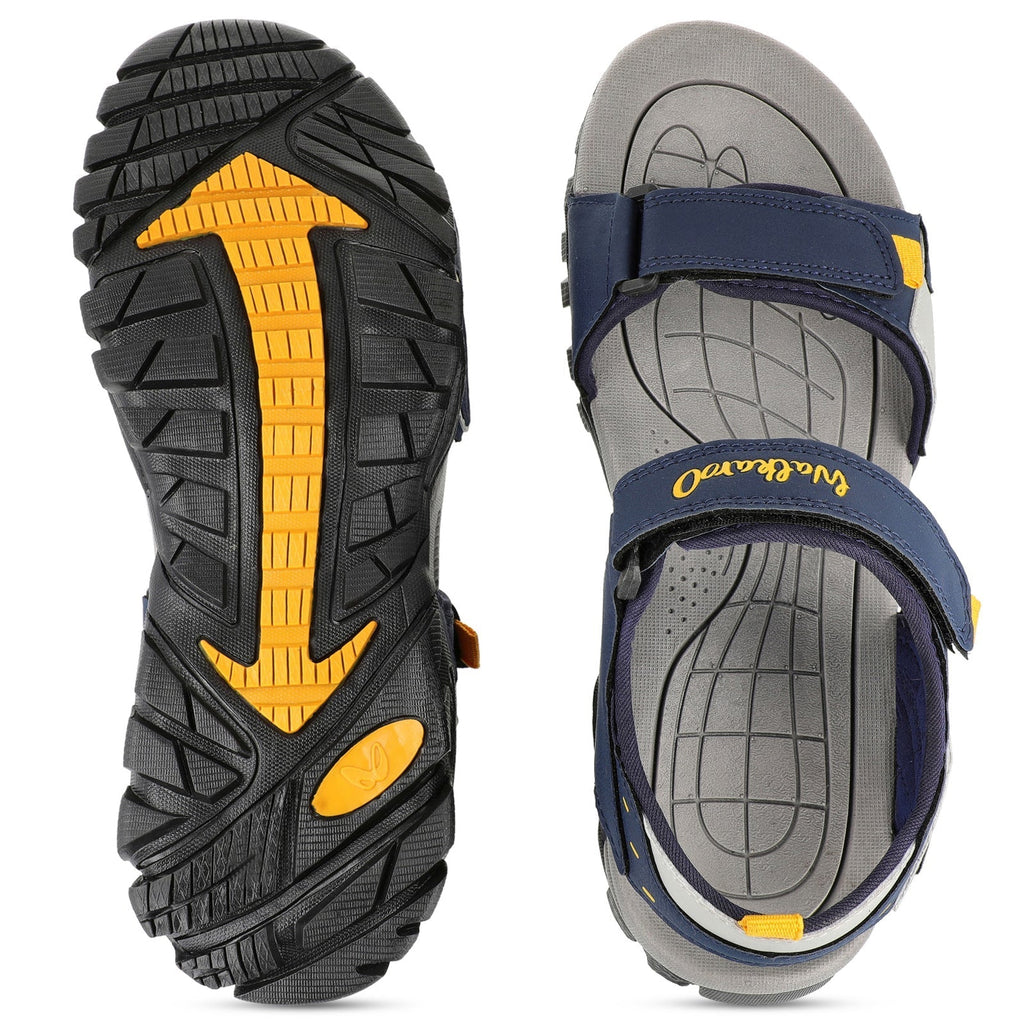 Walkaroo Men Strappy Floater Sandals - WC4362 Navy Blue Yellow - Walkaroo Footwear