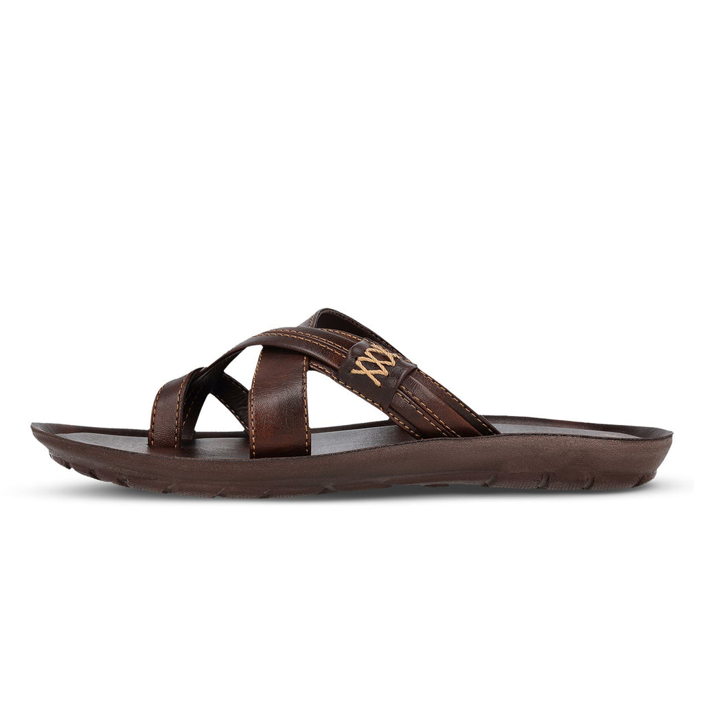 Walkaroo Men Cross Strap Slide Sandals - 13322 Brown - Walkaroo Footwear