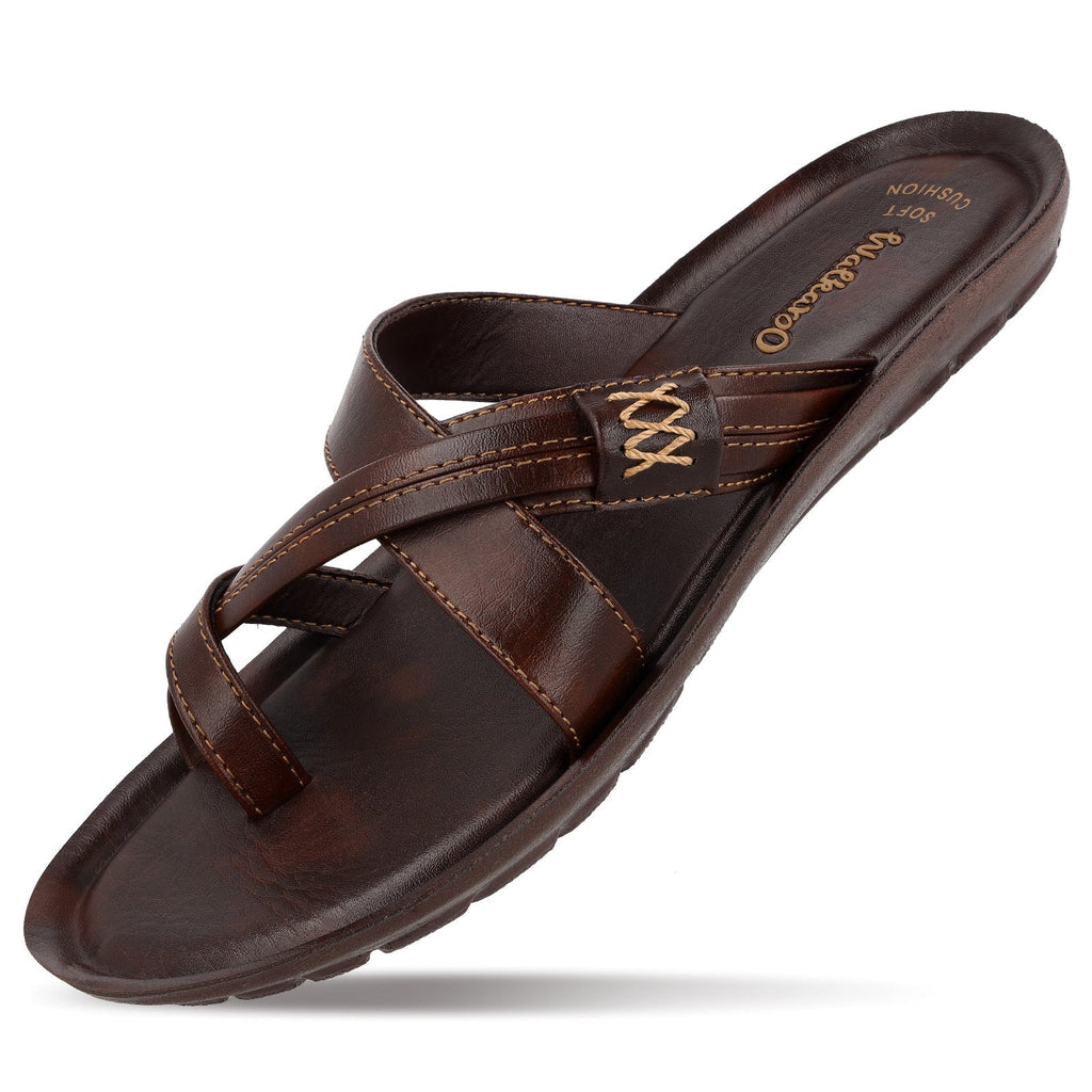 Walkaroo Men Cross Strap Slide Sandals - 13322 Brown - Walkaroo Footwear