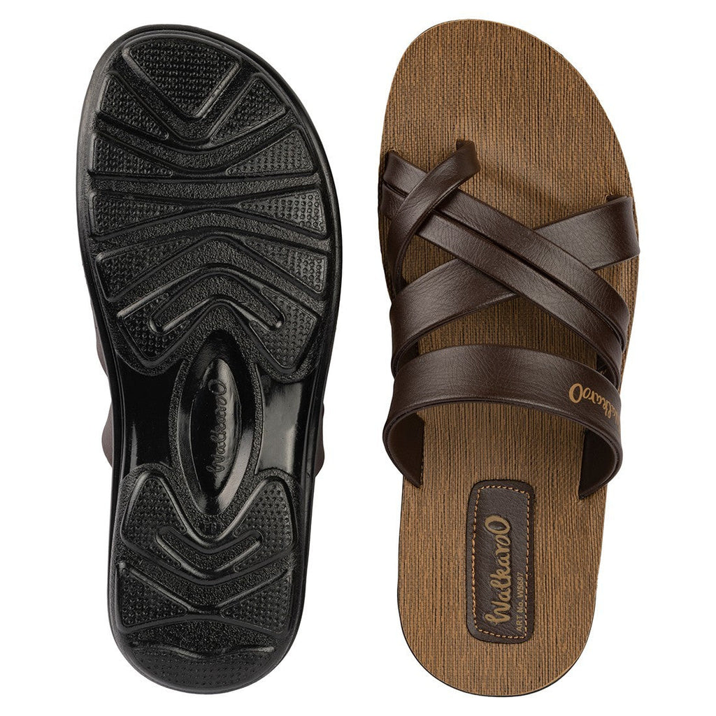 Walkaroo Men Cross Strap Slide Sandals - W5687 Brown - Walkaroo Footwear