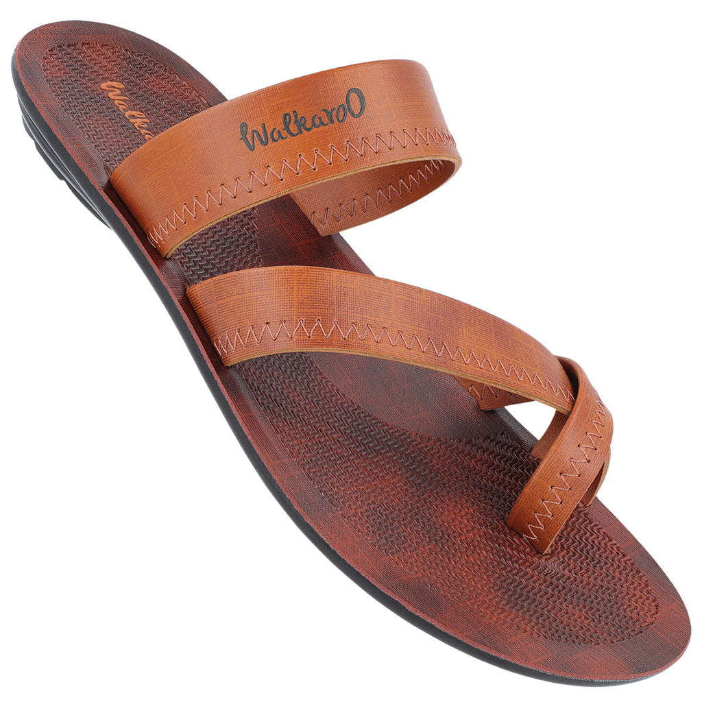 Walkaroo Men Cross Strap Slide Sandals - WG5340 Tan - Walkaroo Footwear